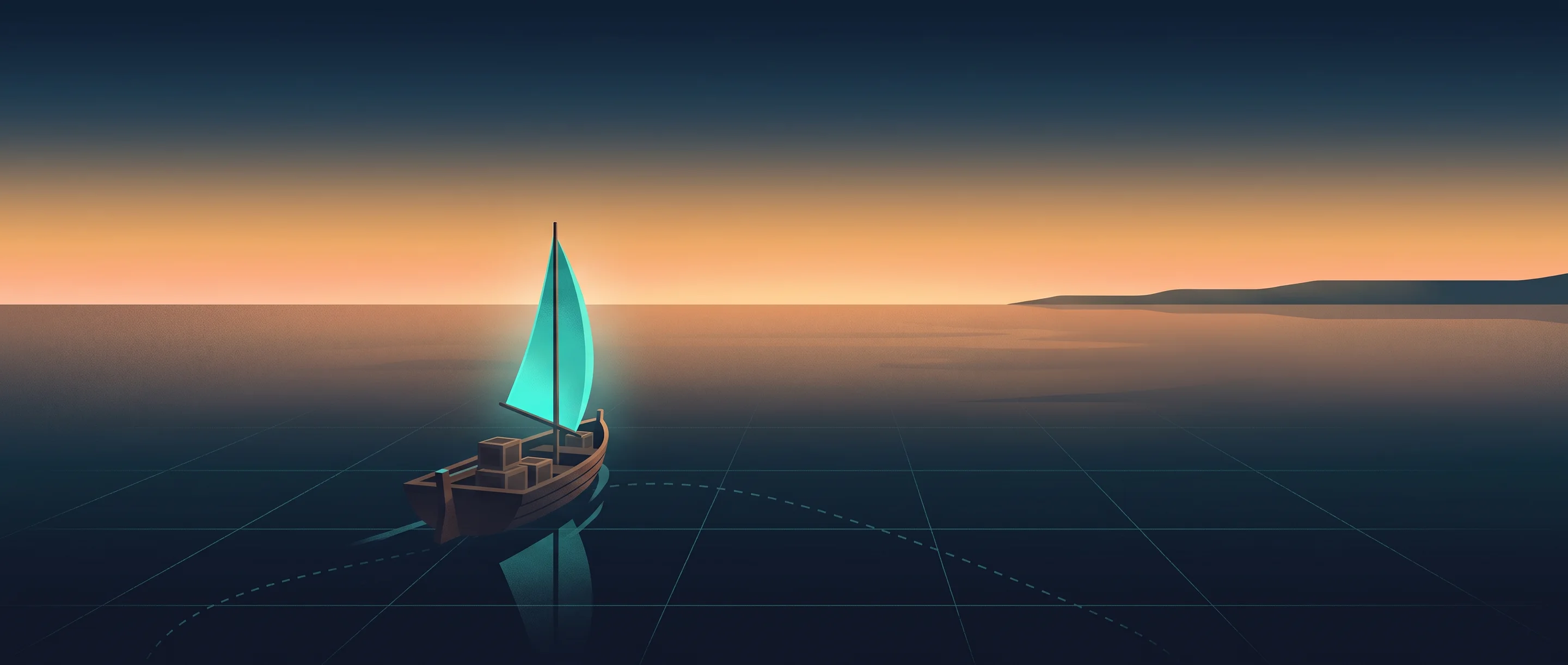 Amanecer en mar abierto: un bote con vela turquesa avanza hacia el horizonte por una línea punteada de carta náutica dibujada sobre el mar