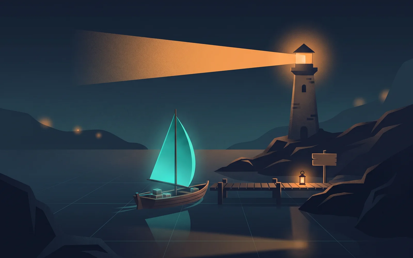 Un faro barre con su haz un bote de vela turquesa amarrado a un muelle con un cartel iluminado